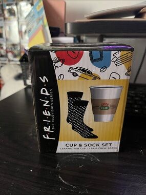 FRIENDS Black Patterned Crew Socks with Central Perk Ceramic Cup